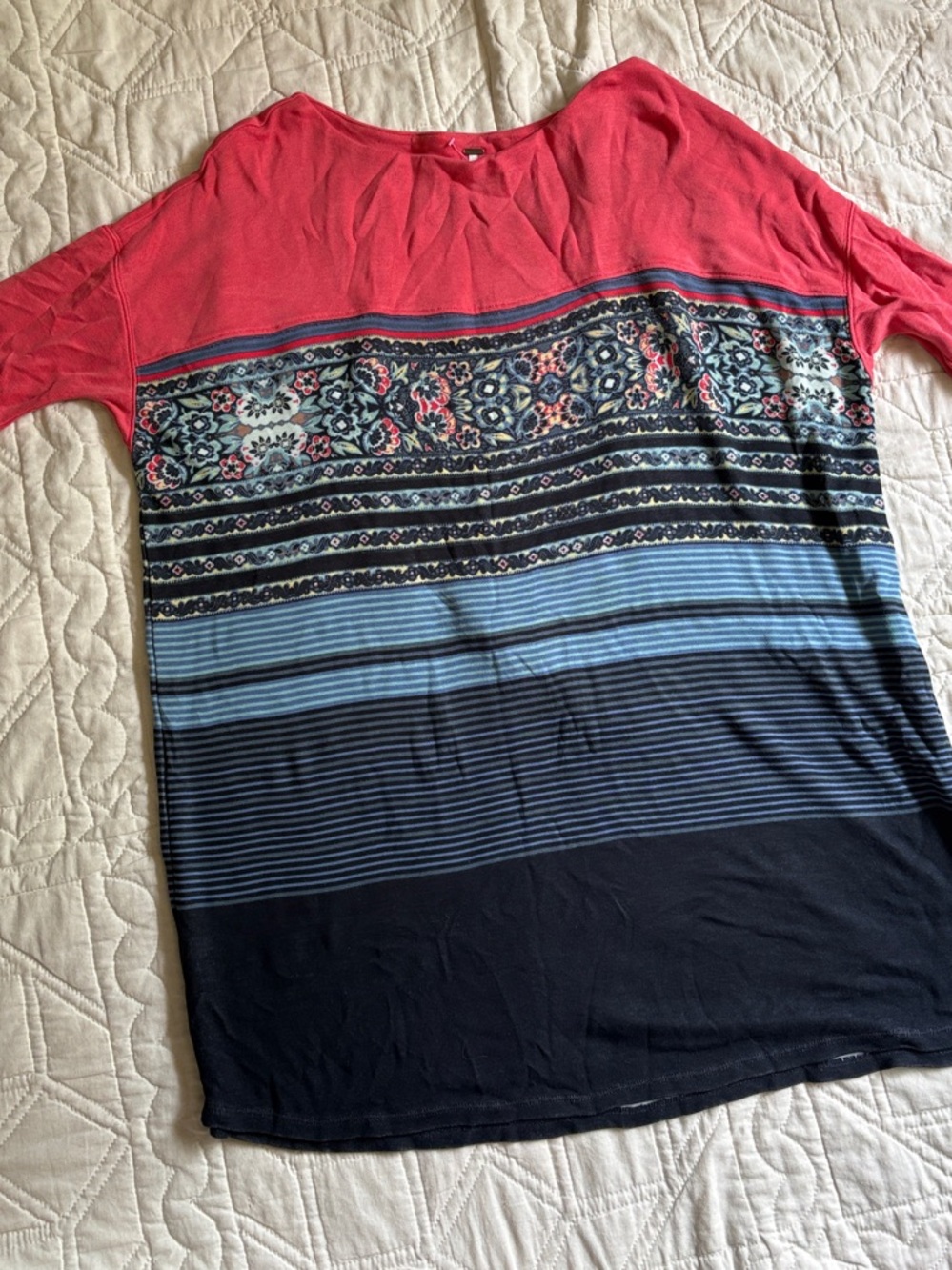 Free People Coral, Light Blue and Navy Colorblock Floral Stripe dress